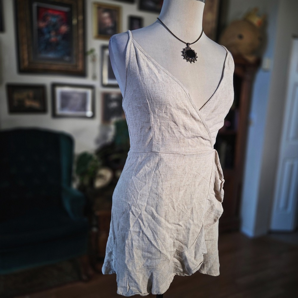 My Girl Mini Dress Wrap Cream Ruffle Linen Hem Spaghetti Strap Summer 6